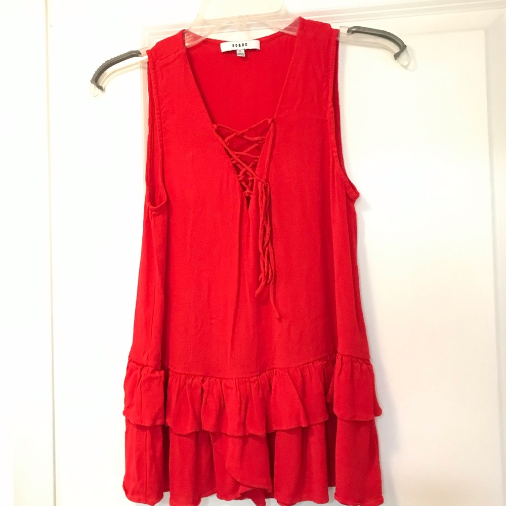 Red tank top with tie and ruffles